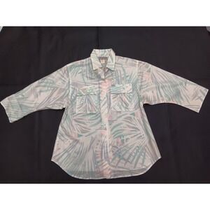 Vintage Cabrais Tropical Palm Leaf Button Up Shirt Pastel 3/4 Sleeve Size 8 6085